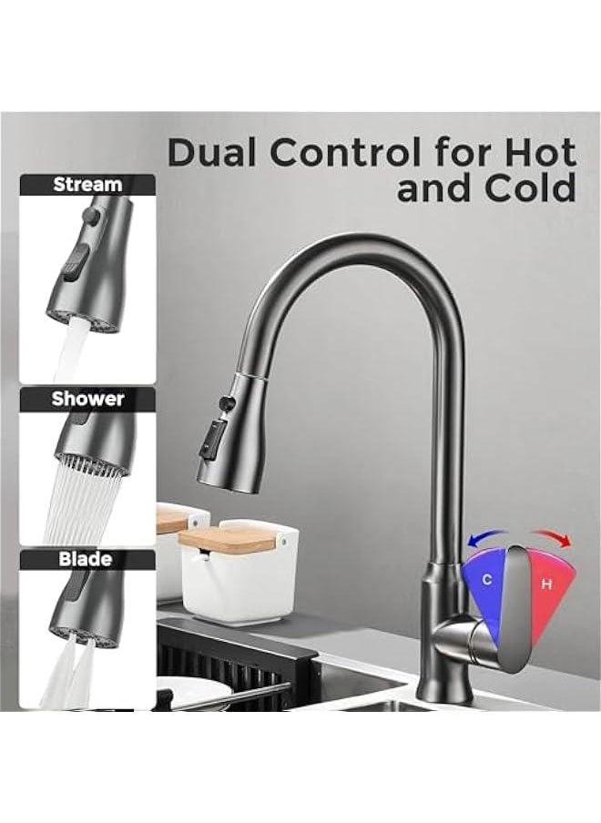 HOOKOR Kitchen Faucet, Single-Handle High Arc Swan-Neck Modern Stainless Steel Kitchen Faucet with Pull Down Sprayer Brushed Nickel, 3-Function Sprayer, Fingerprint Resistant, Deck Plate Not Included  - Image 2