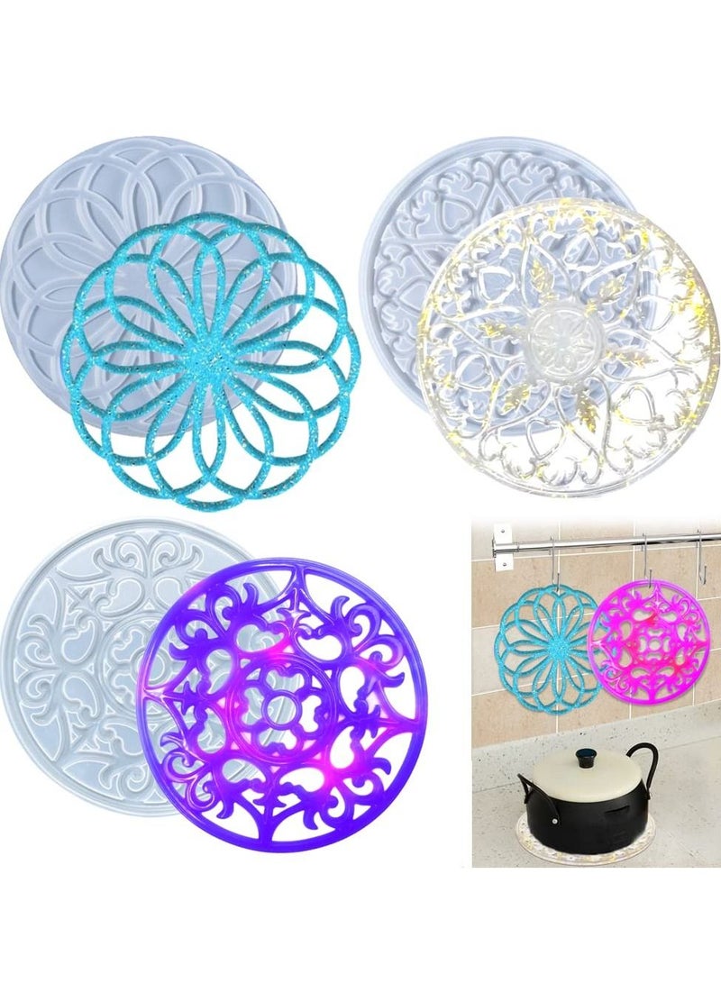 KASTWAVE Crystal Coaster Resin Moulds, Mandala Silicone Moulds Round Epoxy Resin Moulds with 3 Hooks 3 kinds of pattern DIY Cup Mat Making Epoxy Resin Silicone Moulds for Resin Casting Coaster (3 Pcs) - Image 1
