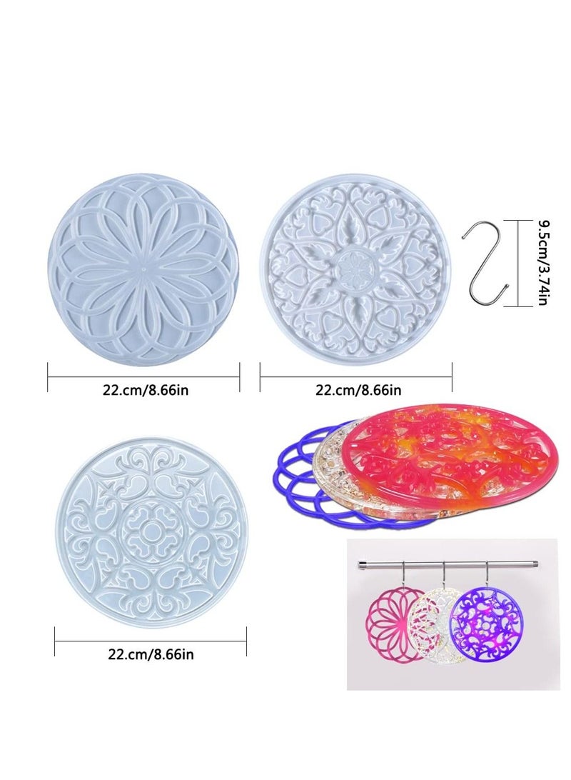 KASTWAVE Crystal Coaster Resin Moulds, Mandala Silicone Moulds Round Epoxy Resin Moulds with 3 Hooks 3 kinds of pattern DIY Cup Mat Making Epoxy Resin Silicone Moulds for Resin Casting Coaster (3 Pcs) - Image 4