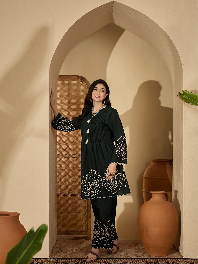 Stylum Women's Green Floral Printed & Embroidered Cotton Short Kurti Palazzo Set - Image 5