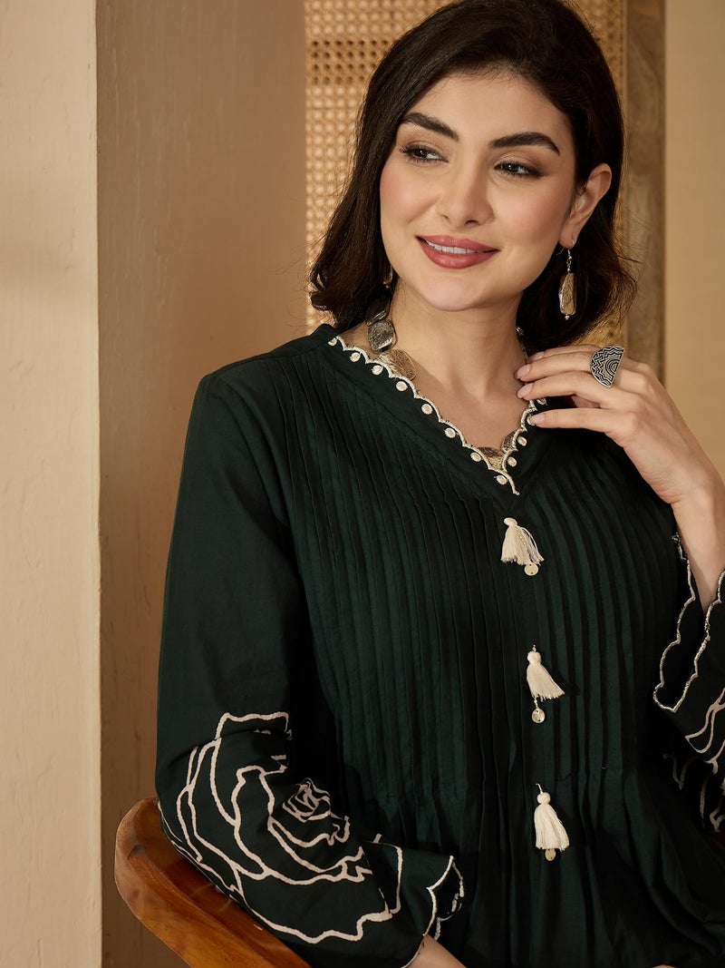 Stylum Women's Green Floral Printed & Embroidered Cotton Short Kurti Palazzo Set - Image 4