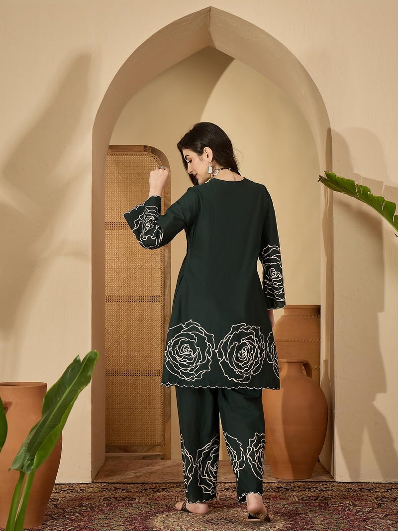Stylum Women's Green Floral Printed & Embroidered Cotton Short Kurti Palazzo Set - Image 2