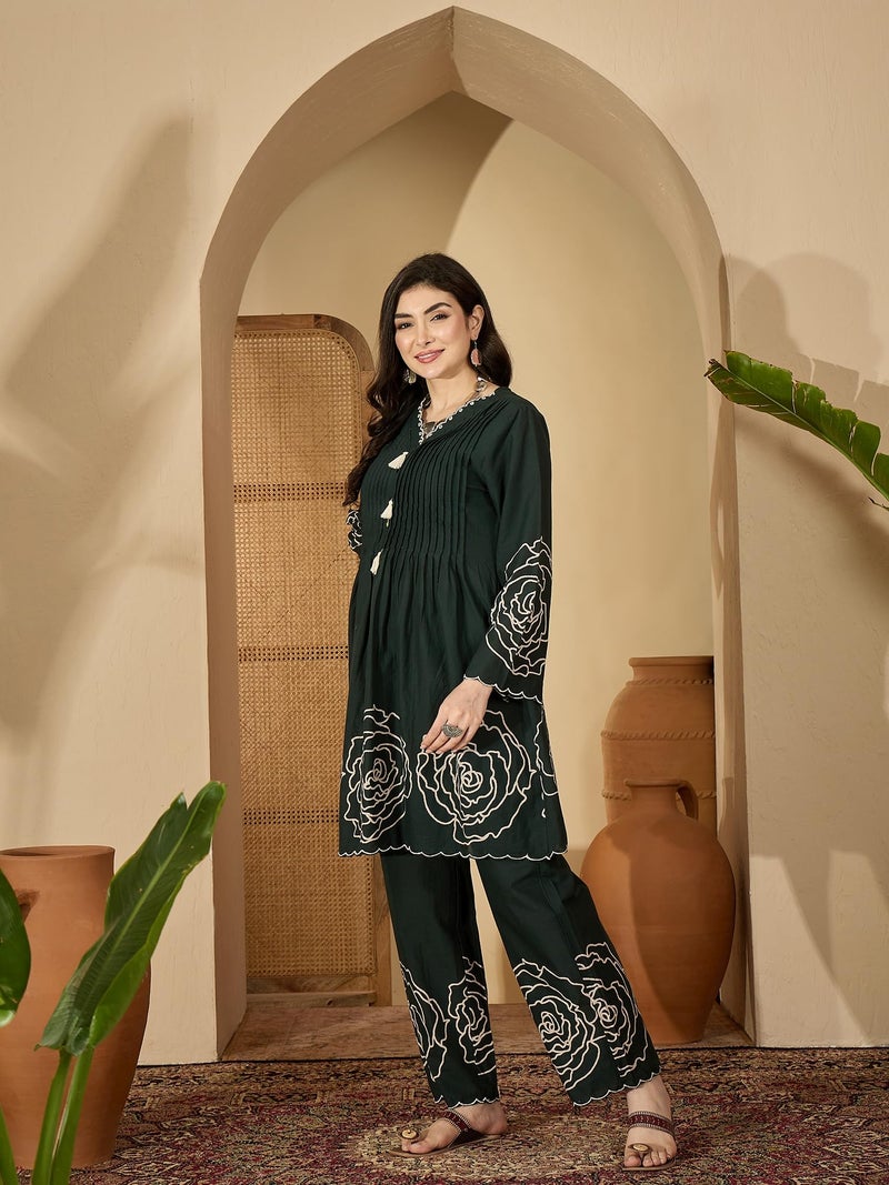 Stylum Women's Green Floral Printed & Embroidered Cotton Short Kurti Palazzo Set - Image 3