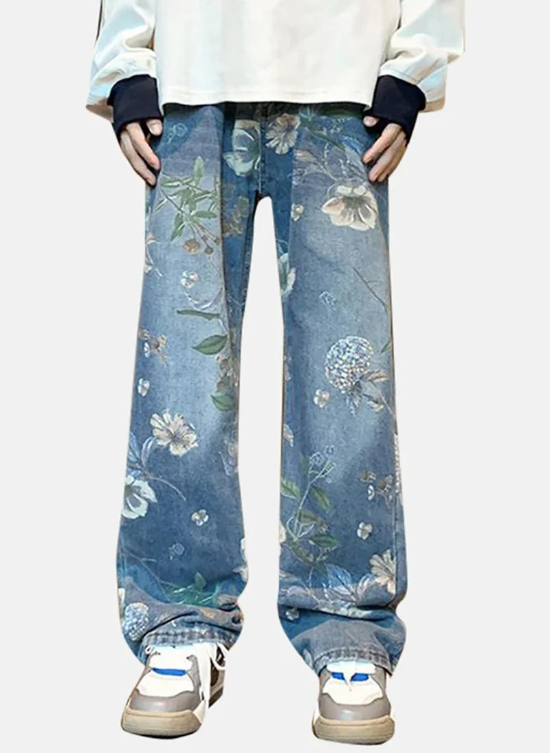 YUNIQEE Blue Printed Mid Rise Relaxed Straight Jeans