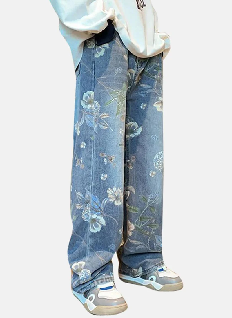 YUNIQEE Blue Printed Mid Rise Relaxed Straight Jeans