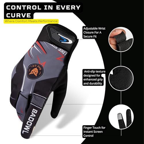 BADOWL Motoflex Bike Riding Gloves for Men and Women – Full Finger Hand Protection, Non-Slip Grip, Breathable Fabric, Suitable for Cycling, Motorbike and Outdoor Sports (Grey, M) - Image 4