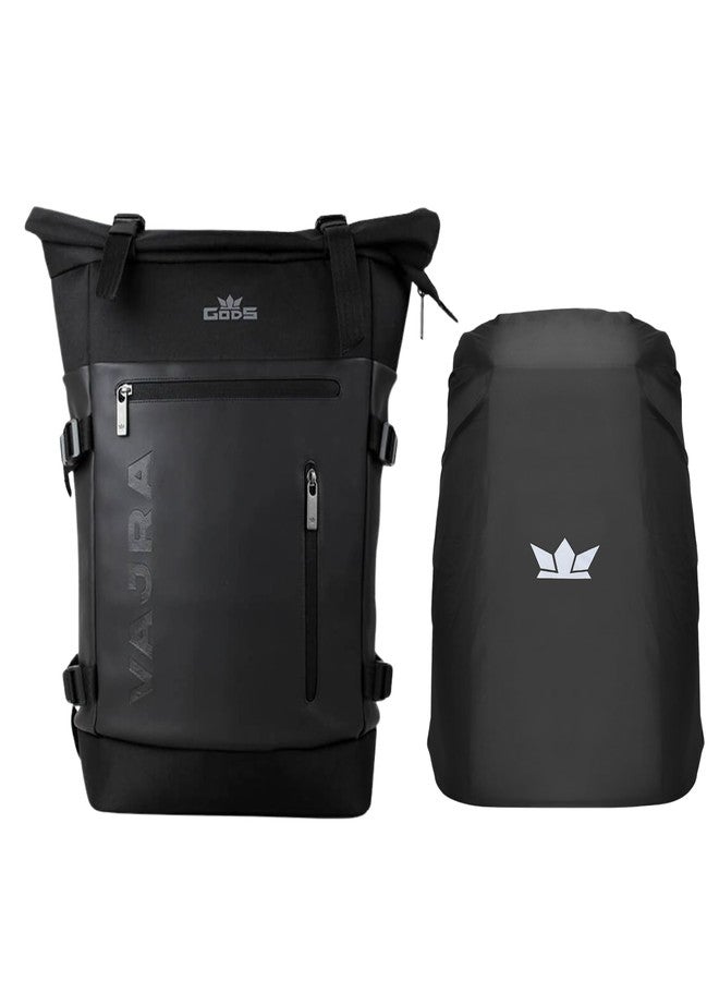 حقيبة ظهر للسفر من Gods Vajra Rolltop مع غطاء واقٍ من المطر، مزودة بجيب للكمبيوتر المحمول ومنظم للملحقات، مقاومة للماء، سعة 25 لترًا، مناسبة للمكتب، حقيبة ظهر للكمبيوتر المحمول للرجال والنساء، لون أسود