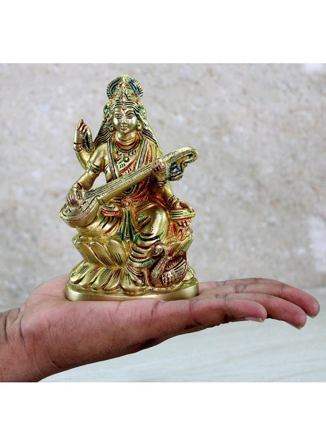 ESPLANADE ESPLANADE Brass Saraswati Maa Murti Idol Statue Sculpture for Home Decor and Temple - Multicolour - 6" Inches  - Image 5