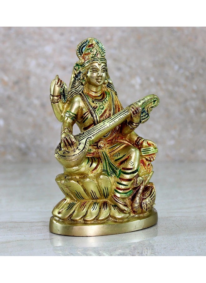 ESPLANADE ESPLANADE Brass Saraswati Maa Murti Idol Statue Sculpture for Home Decor and Temple - Multicolour - 6" Inches  - Image 2