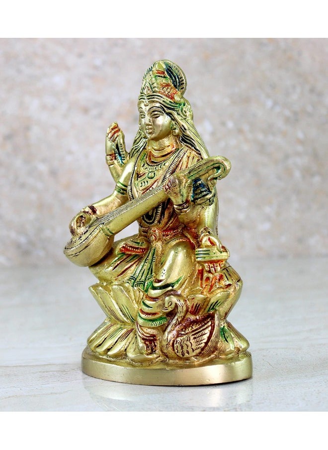 ESPLANADE ESPLANADE Brass Saraswati Maa Murti Idol Statue Sculpture for Home Decor and Temple - Multicolour - 6" Inches  - Image 3