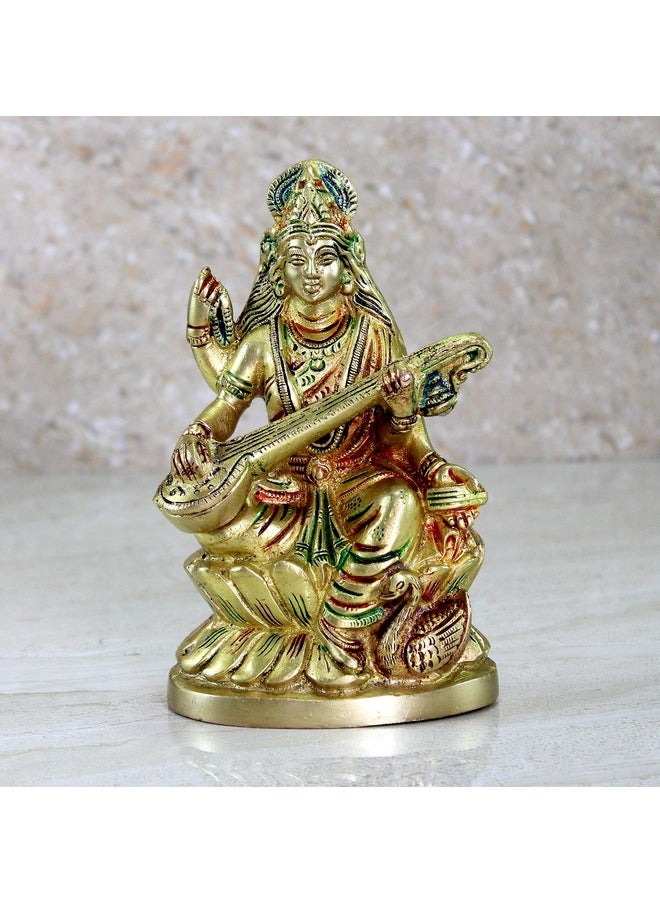 ESPLANADE ESPLANADE Brass Saraswati Maa Murti Idol Statue Sculpture for Home Decor and Temple - Multicolour - 6" Inches  - Image 1