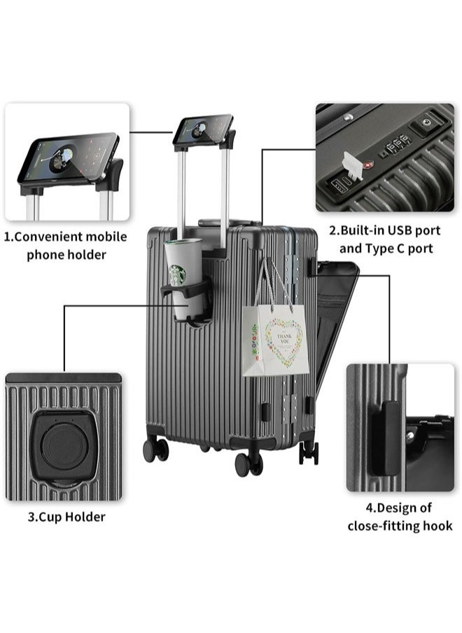 Denzoz 20" Travel Luggage Carry On Luggage with Spinner Wheels Aluminum Framed Carry On Suitcase with Front Open Laptop Compartment/Pocket 55x25x38 CM Large Checked-in Luggage  - Image 3