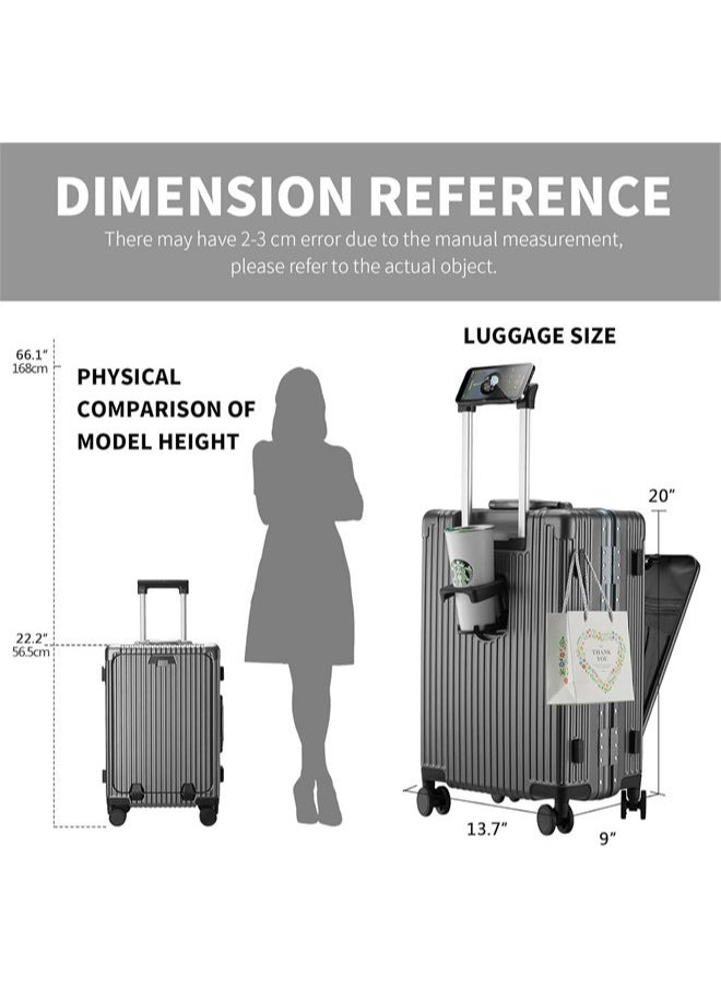 Denzoz 20" Travel Luggage Carry On Luggage with Spinner Wheels Aluminum Framed Carry On Suitcase with Front Open Laptop Compartment/Pocket 55x25x38 CM Large Checked-in Luggage  - Image 5