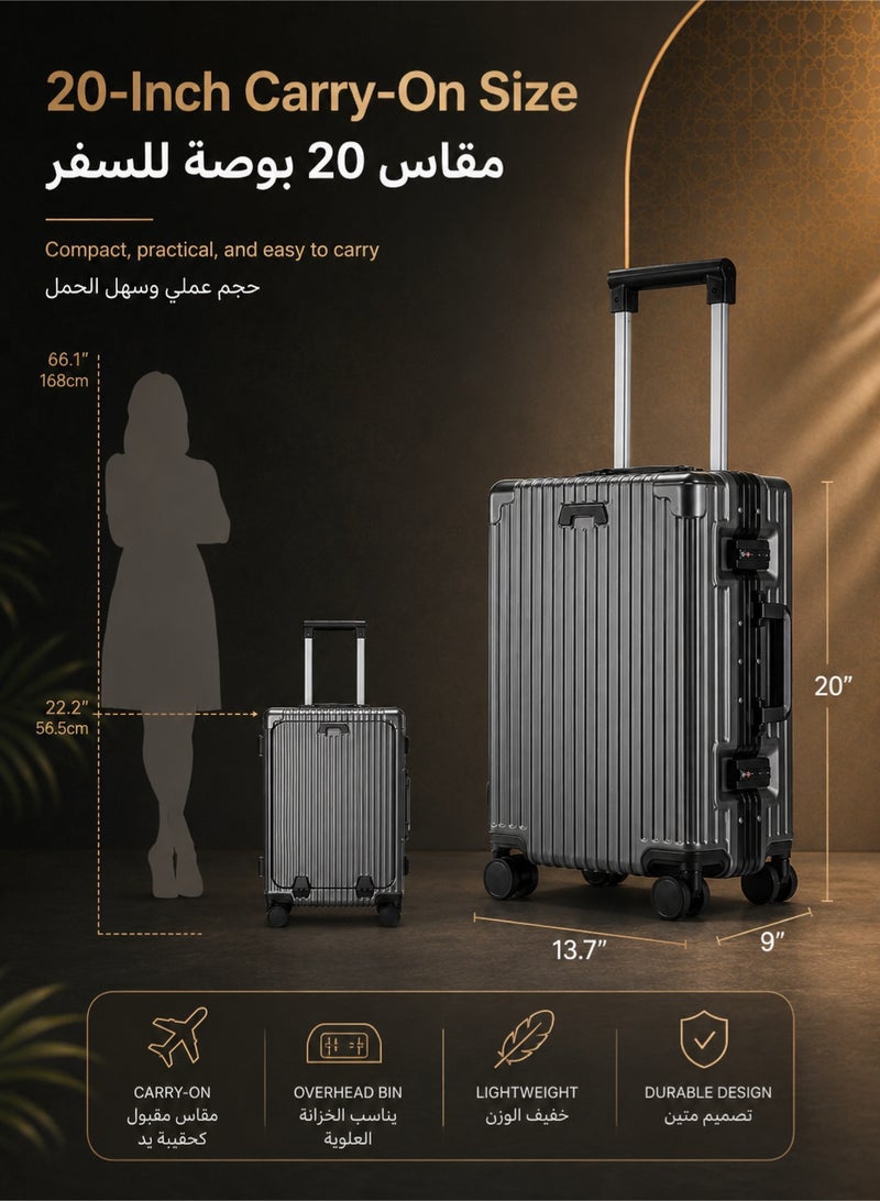 دنزوز حقيبة سفر مقاس 20 بوصة مع عجلات دوارة، حقيبة حمل بإطار من الألومنيوم مع حجرة كمبيوتر محمول مفتوحة أمامية/جيب، مقاس 55x25x38 سم، حقيبة سفر كبيرة مسجلة - Image 5