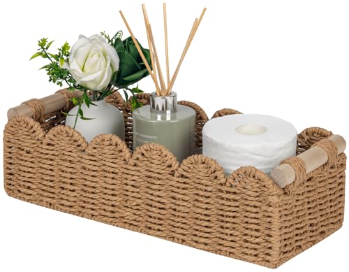 CubesLand Paper Rope Scalloped Edge Toilet Paper Storage Basket Small Living Room Bedroom Decor Baskets for Over Toilet Storage Shelf End Table Shelves and More with 2 Wooden Handle Neutral