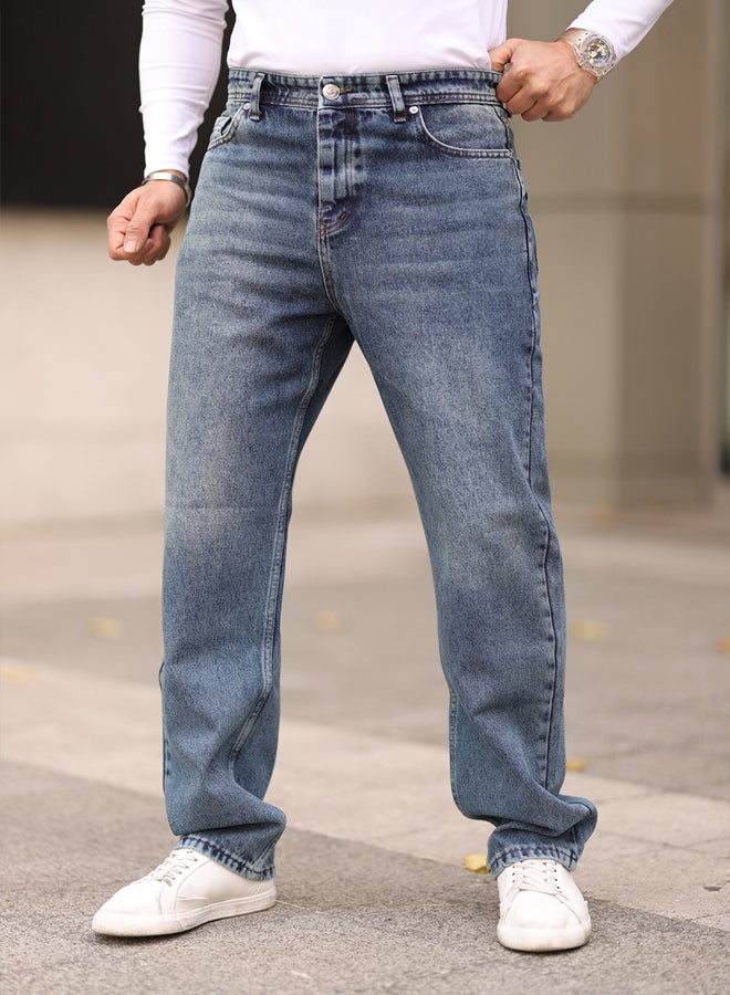 trendyol Medium Blue 100% Cotton Baggy Fit Jeans Trousers - Image 1