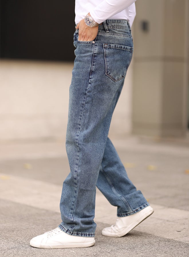 trendyol Medium Blue 100% Cotton Baggy Fit Jeans Trousers - Image 4