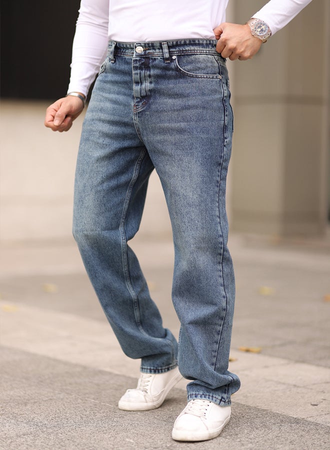 trendyol Medium Blue 100% Cotton Baggy Fit Jeans Trousers - Image 2