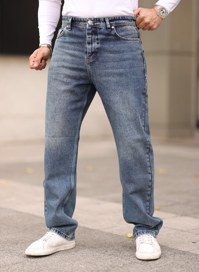 trendyol Medium Blue 100% Cotton Baggy Fit Jeans Trousers - Image 1