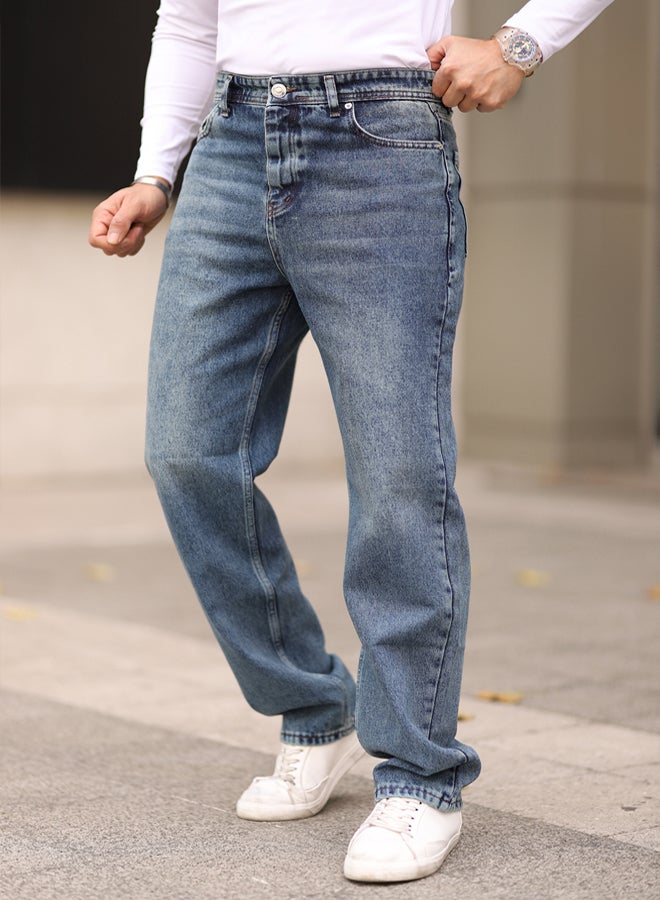 trendyol Medium Blue 100% Cotton Baggy Fit Jeans Trousers - Image 2