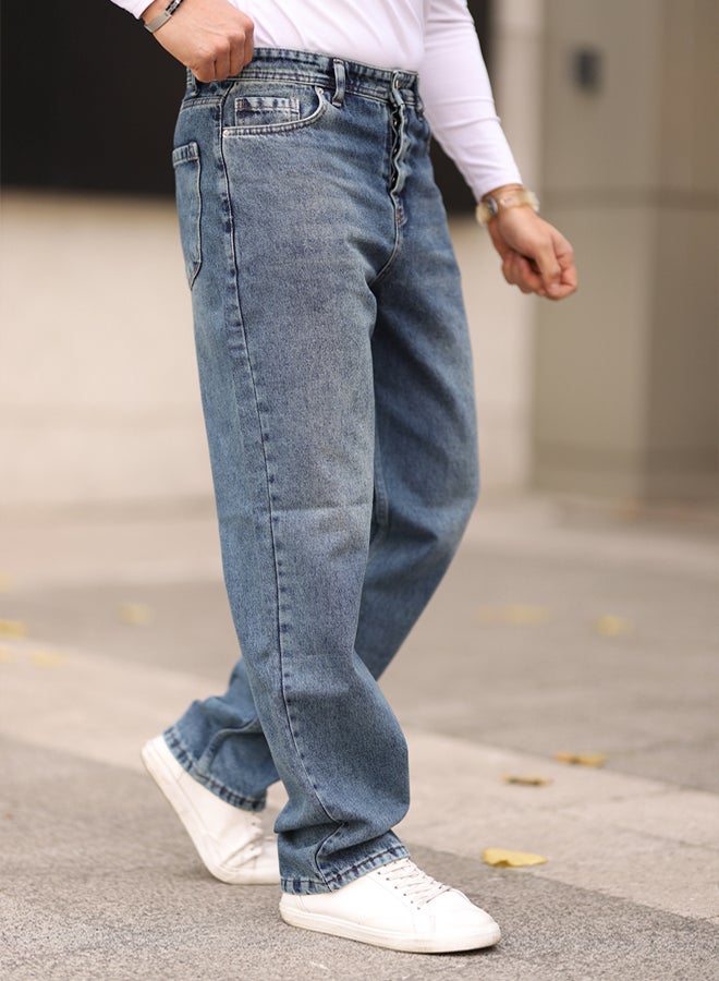 trendyol Medium Blue 100% Cotton Baggy Fit Jeans Trousers - Image 3