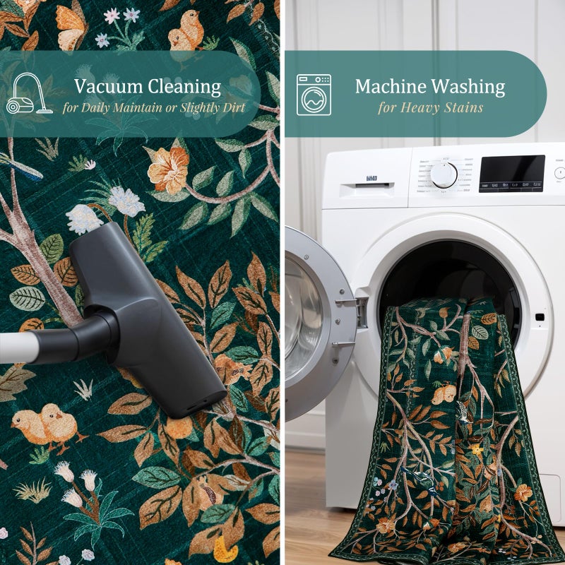 Morebes Boho Floral Rug Runners for Hallways Non Slip, Flower 2x8 Kitchen Runner Rug Washable, Soft Botanical Indoor Carpet Floor Runner for Entrance Bedroom Bedside, Dark Green - Image 4