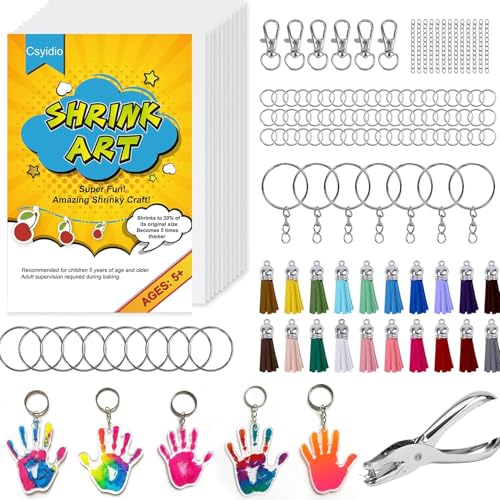 Csyidio 251 PCS Shrink Dink Keychain Kit Includes 20 Sheets Shrink Plastic Sheets Hole Punch Tassels Lobster Clasps Keychain Clip Jump Rings Key Ring Great for DIY Mothers Day Crafts - Image 1