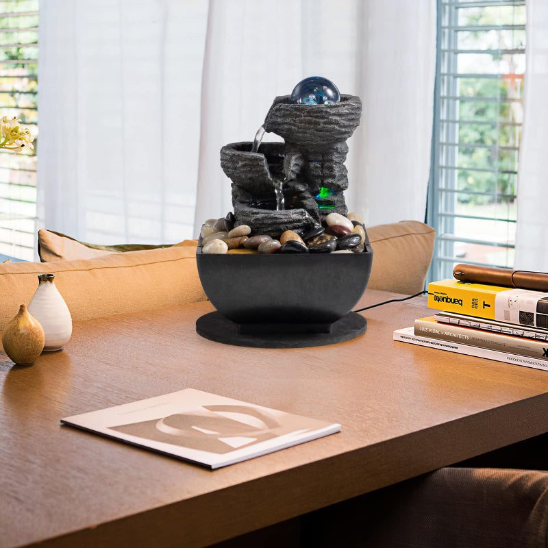 AMOOTEK Tabletop Fountain Indoor Waterfall Meditation Fountain Like Layers of Rock Desktop Water Feature Includes Many Natural River Rock LED Lights Rolling Decorative Bubble Balls - Image 5