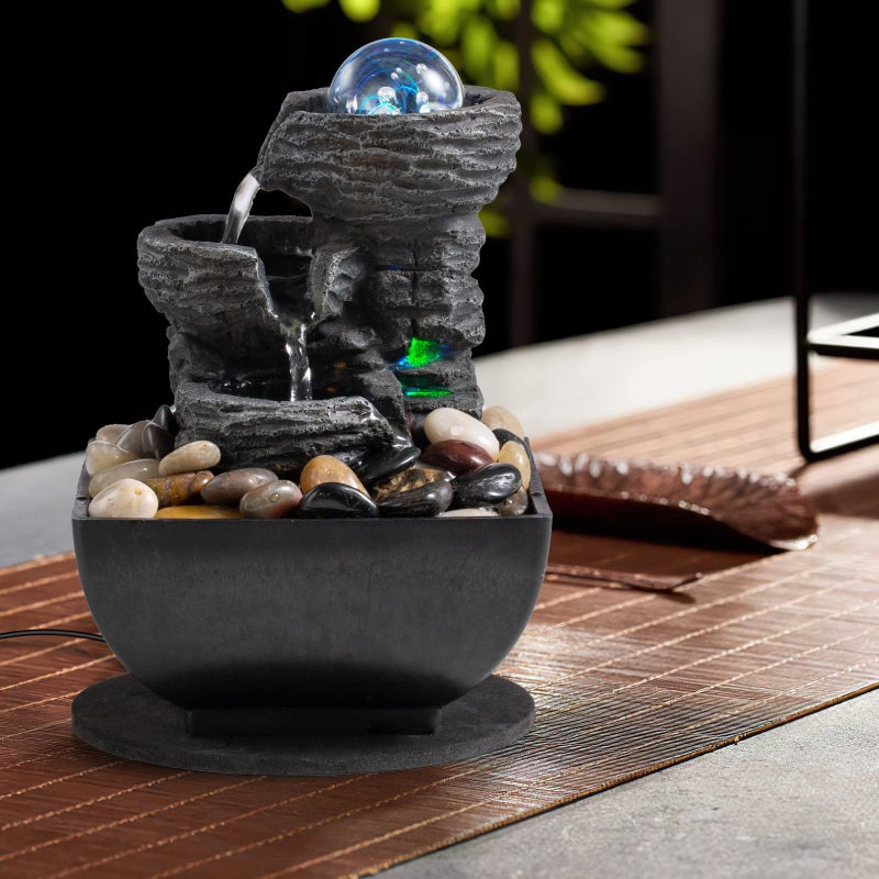 AMOOTEK Tabletop Fountain Indoor Waterfall Meditation Fountain Like Layers of Rock Desktop Water Feature Includes Many Natural River Rock LED Lights Rolling Decorative Bubble Balls - Image 4