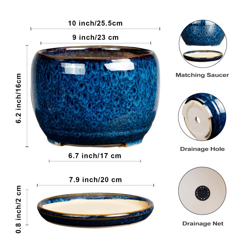 SQOWL 10 Inch Plant Pot - Ceramic Planter Pot with Drainage Hole and Saucer, Decorative Plant Pot for Indoor Outdoor Plants, Round Large Planter Flower Pot, Blue - Image 3