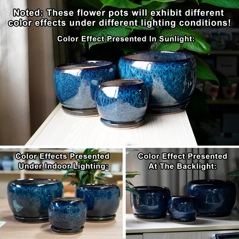 SQOWL 10 Inch Plant Pot - Ceramic Planter Pot with Drainage Hole and Saucer, Decorative Plant Pot for Indoor Outdoor Plants, Round Large Planter Flower Pot, Blue - Image 5