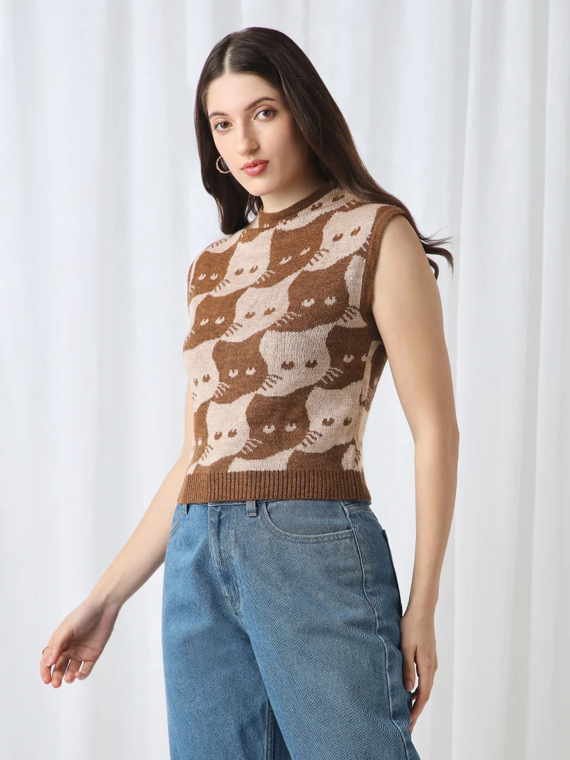 globus Globus Women Brown Animal Self Design High Neck Extended Sleeves Acrylic Sweater Vest