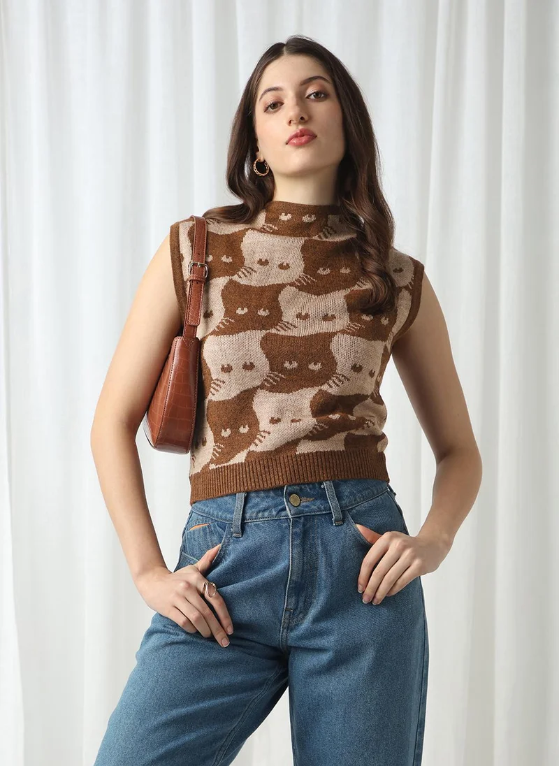 globus Globus Women Brown Animal Self Design High Neck Extended Sleeves Acrylic Sweater Vest