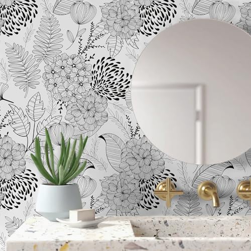 MelunMer Black and White Peel and Stick Wallpaper for Bathroom Boho Vintage Floral Leaf Contact Paper for Cabinets and Drawers Laundry Room Wallpaper Stick and Peel,Removable,Waterproof 78.8inL17.3inW - Image 5