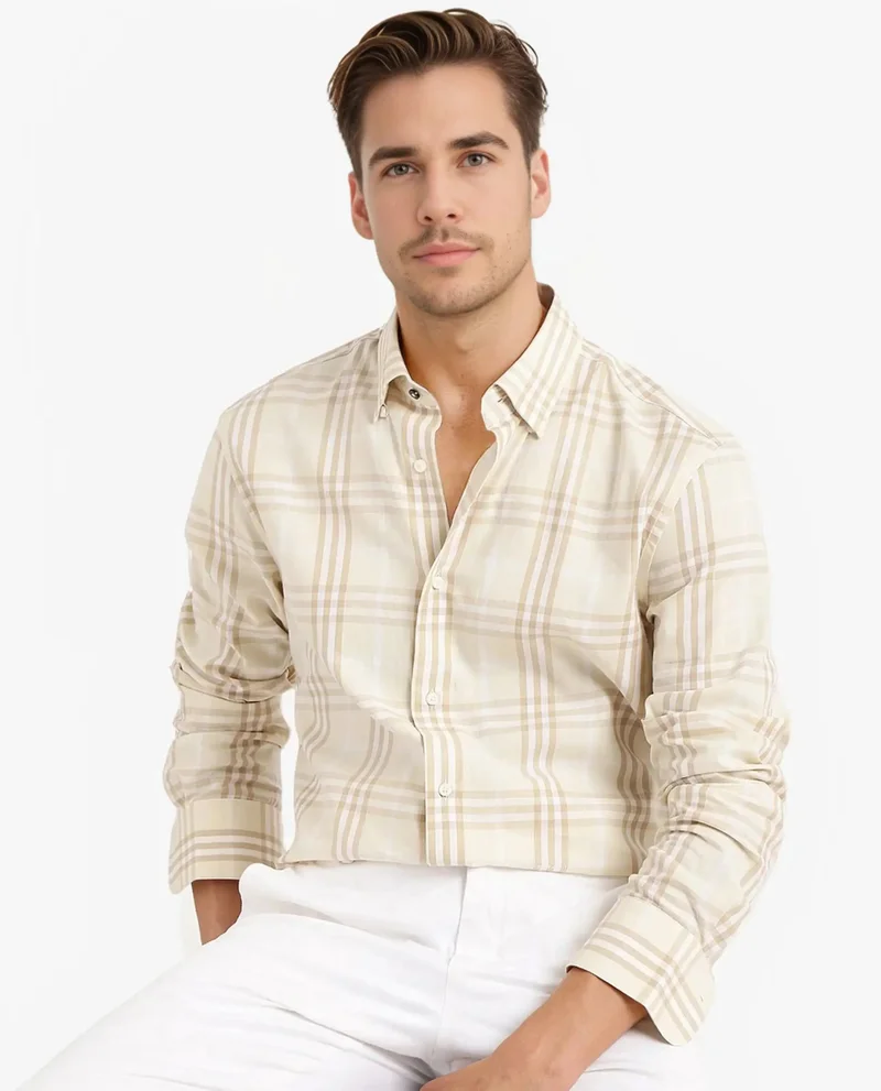 Rare Rabbit Rare Rabbit Men Maret Beige Cotton Fabric Full Sleeve Regular Fit Checks Shirt