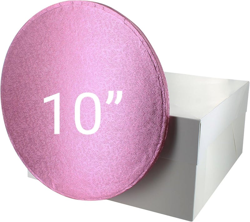Culpitt 10" Pink Cake Board & White Box Combo, Round Drum With Matching Container, 0.5'' (13mm) Thick, Valentine's Cake Square Transport, 10 Inch, Single Pack - Image 1