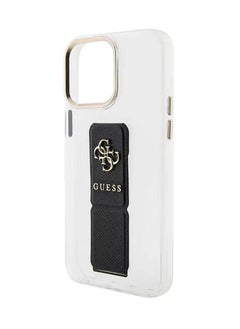 GUESS iPhone 15 Pro Max Case Grip stand Clear Back Cover with Saffiano Grip Leather and 4G Logo / Drop Protection / Easy Snap-On / Slim Profile - Black  - Image 1