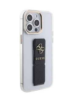 GUESS iPhone 15 Pro Max Case Grip stand Clear Back Cover with Saffiano Grip Leather and 4G Logo / Drop Protection / Easy Snap-On / Slim Profile - Black  - Image 4