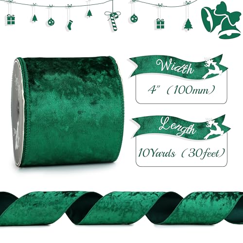 MAYREEL Green Crushed Velvet Ribbon Wired 4 x 10 Yards Extra Wide Christmas Wired Edge Ribbon for Christmas Tree Decorations Gift Wrapping Wreath Tree Topper Bow Making Crafts - Image 3