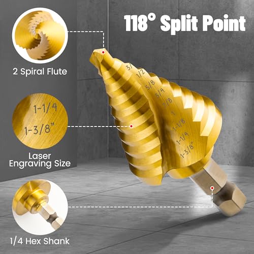 IRONANT Step Drill Bits, 5PCS Spiral Grooved HSS Titanium Step Drill Bit Set, 50 Sizes High Speed Steel Step Bits for Metal with Aluminum Case - Image 2