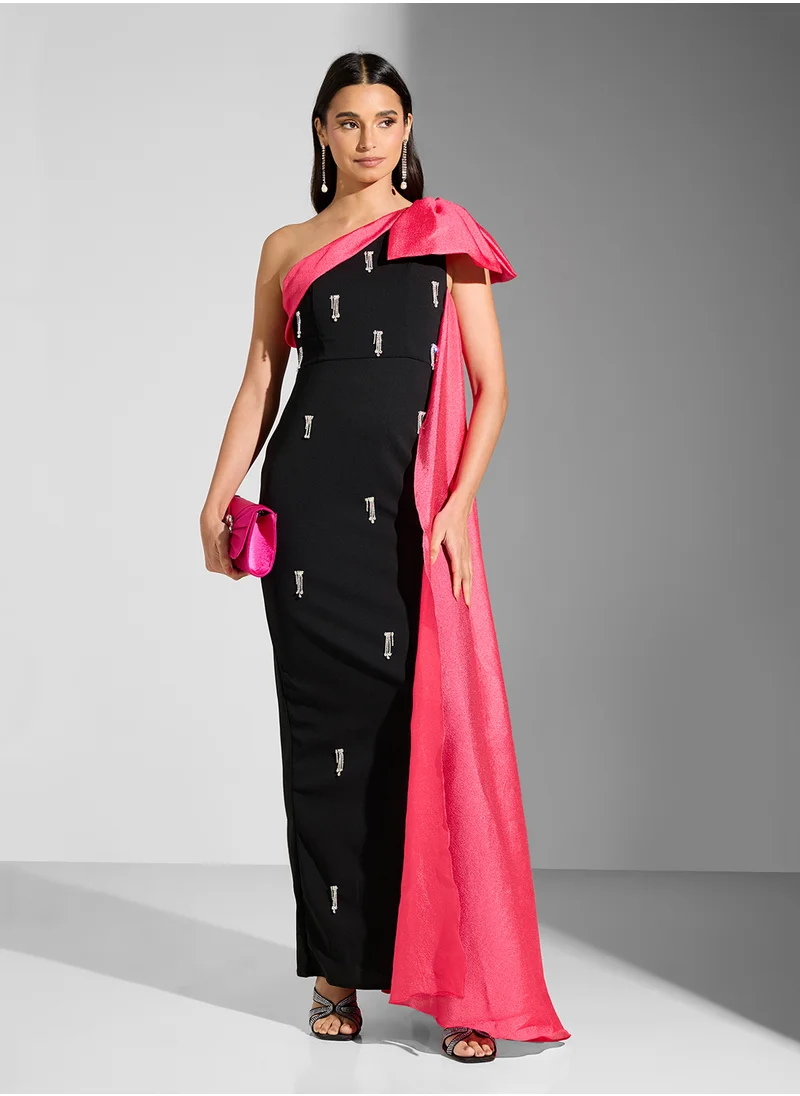 Namshi x Contrast Toned Embellished One Shoulder Deess