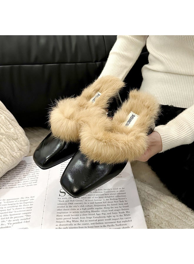 Autumn And Winter New Style Thick-heeled Furry Half-slippers For Women, Open-toe High-heeled Slippers, Large Size Mid-heel Mules