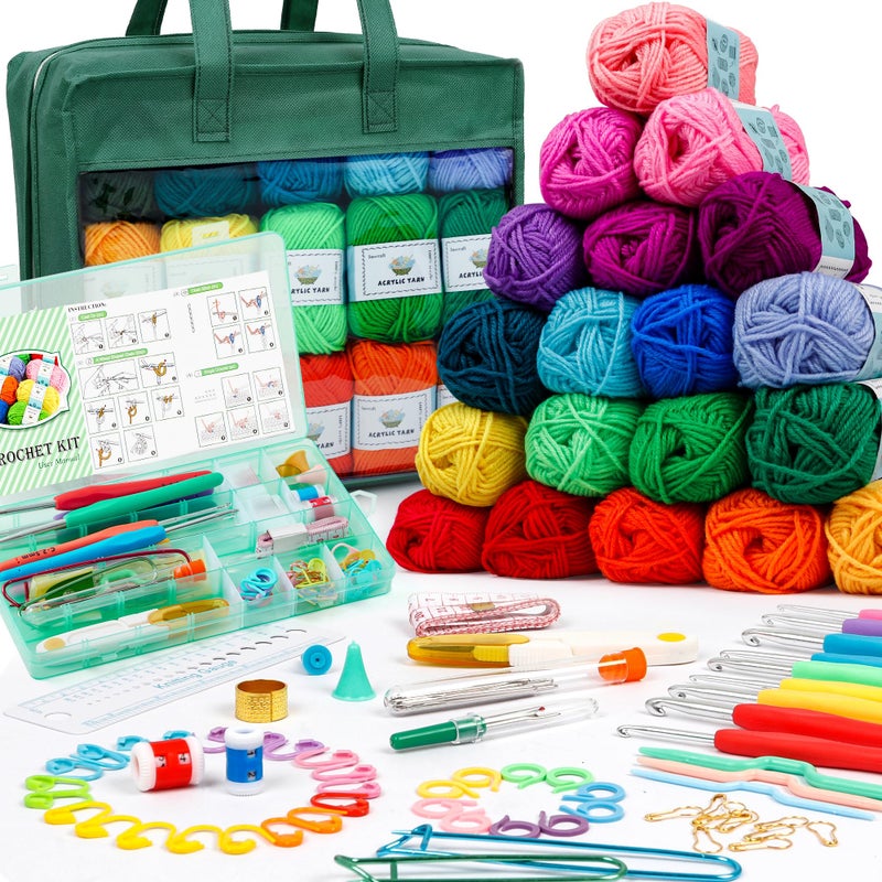 Inscraft Crochet Yarn Kit for Beginners Adults and Kids Includes 1650 Yards 30 Colors Acrylic Skeins User Manual Hooks Dark Grass Bag etc Make Amigurumi  Projects Starter Set for Professionals