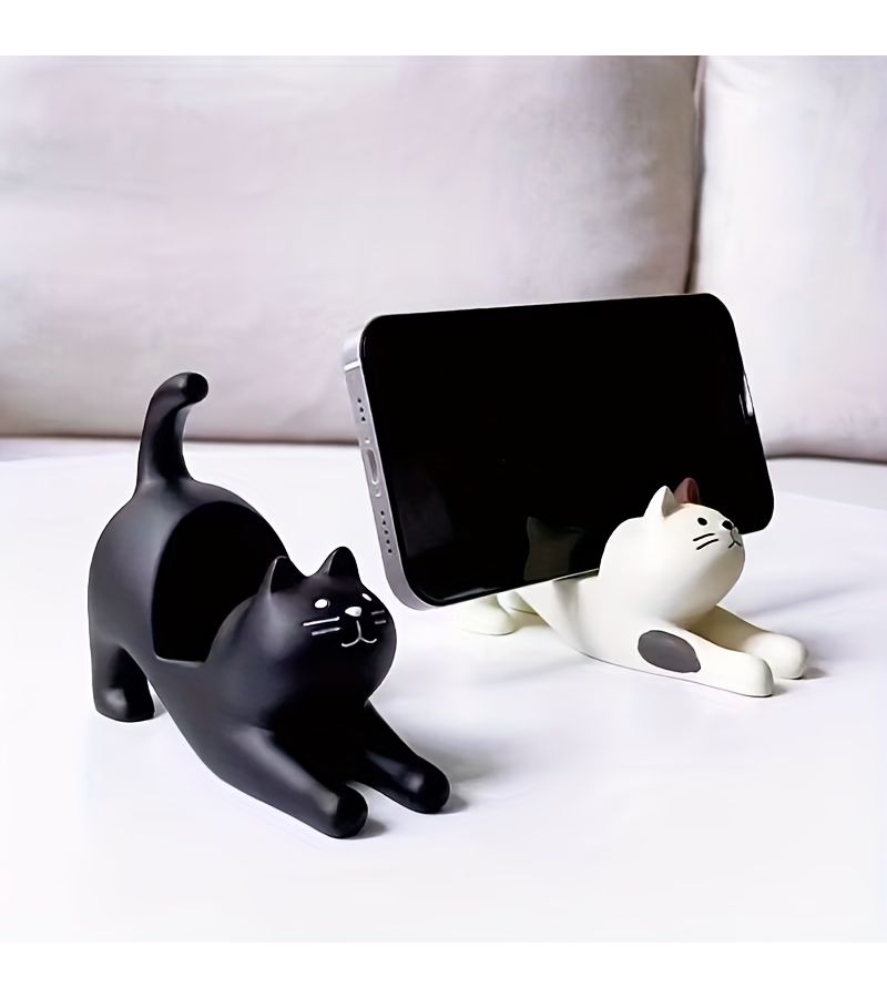 Creamy White Stretching Cat Phone Stand Desktop Decoration Creative Practical - Image 1