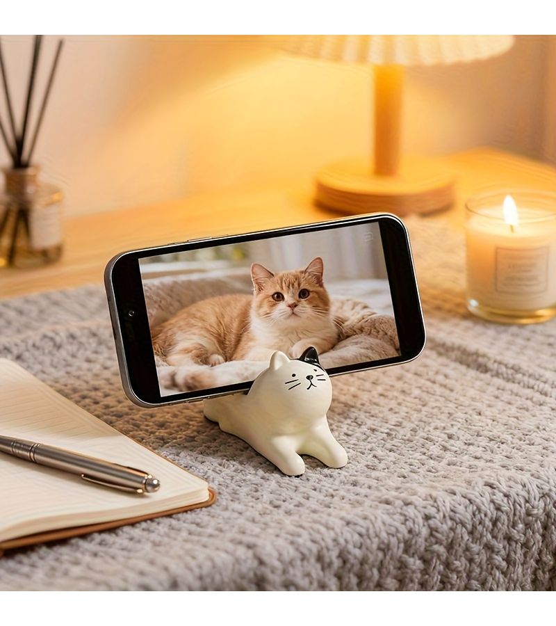 Creamy White Stretching Cat Phone Stand Desktop Decoration Creative Practical - Image 2