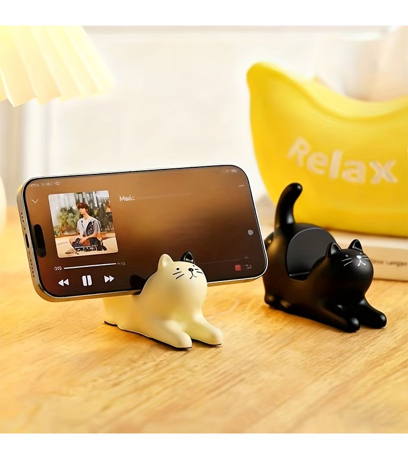 Creamy White Stretching Cat Phone Stand Desktop Decoration Creative Practical - Image 3