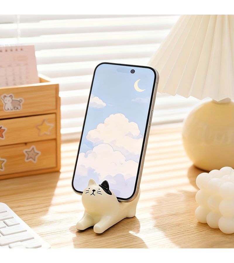 Creamy White Stretching Cat Phone Stand Desktop Decoration Creative Practical - Image 5