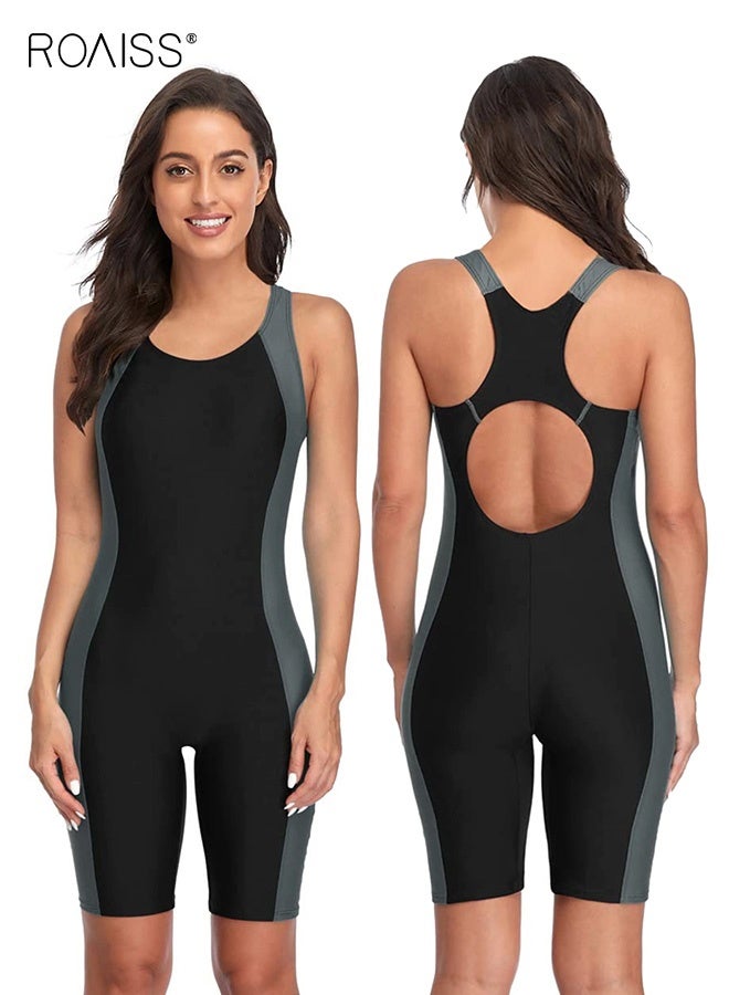roaiss Women's One Piece Swimsuit Knee Length Sports Racing Competition Bathing Suit Sleeveless Crew Neck Surfing Suit Ladies Sun Protection Athletic Swimwear with Chest Pad Black Grey - Image 2