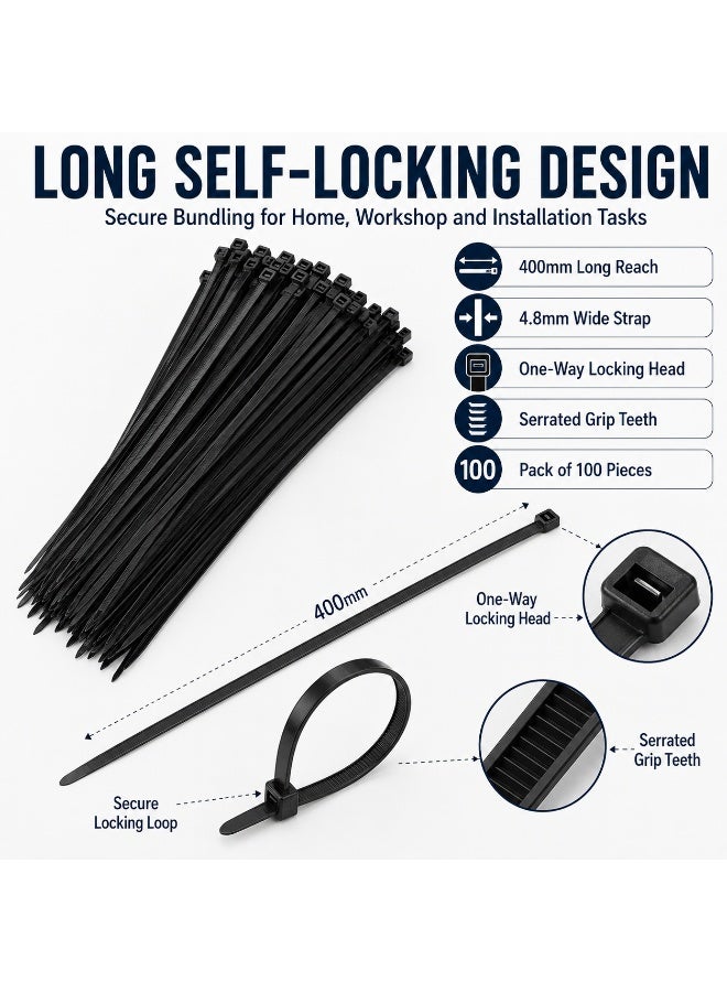 100PCS Black Nylon Cable Ties 4.8 × 400mm, Extra Long Heavy-Duty Self-Locking Zip Ties for Cable Management, Home, Workshop, Garden and Installation Use - Image 2
