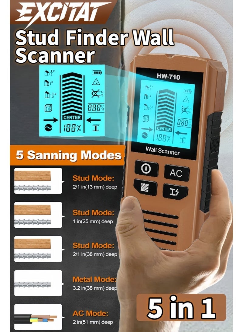 excitat Stud Finder Wall Scanner, 5 in 1 Stud Detector with HD LCD Display, Stud Locator with Upgraded Smart Sensor Audio Alarm, Stud Sensor Beam Finders for Center and Edge of Wood Beam, Live AC Wire, Metal,Cable, Joist Metal Pipe - Image 1